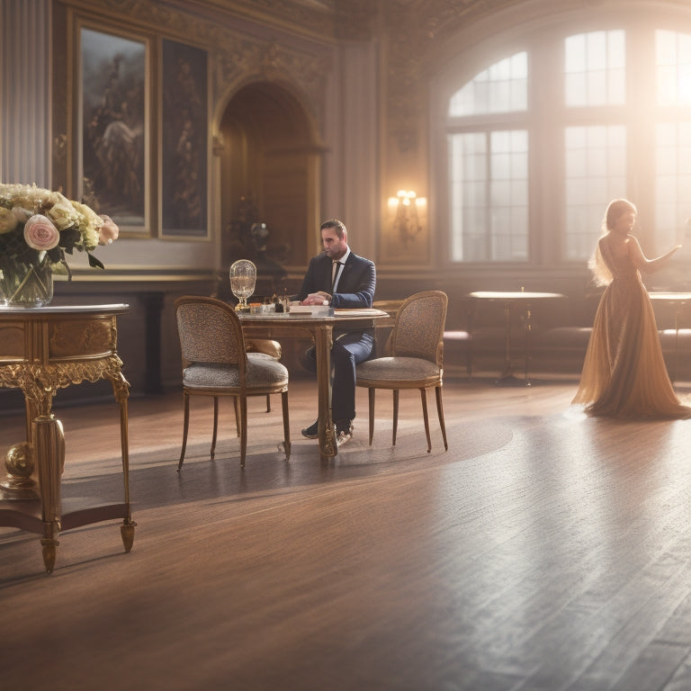 A serene, sunlit ballroom with a polished wooden floor, a pair of elegant chairs, and a laptop on a nearby table, surrounded by a few scattered rose petals, with a blurred-out couple dancing in the background.