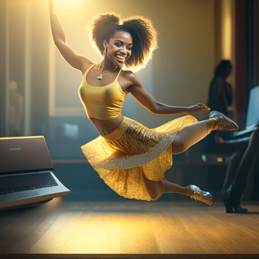 A vibrant illustration depicting a confident, smiling woman in mid-dance pose, surrounded by a blurred-out laptop and dance shoes, with a subtle glow effect and warm, golden lighting.