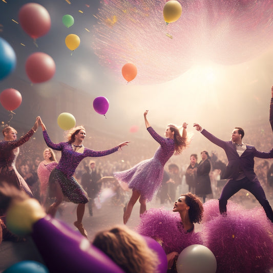 A swirling vortex of dancers in mid-air, surrounded by confetti and balloons, with a subtle cityscape in the background, conveying joy, celebration, and triumphant achievement.