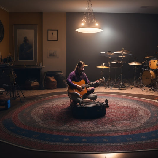 A serene, dimly lit practice room with a single, spotlighted musician seated cross-legged on a plush rug, surrounded by scattered finger cymbals, with one hand poised mid-air, ready to strike.