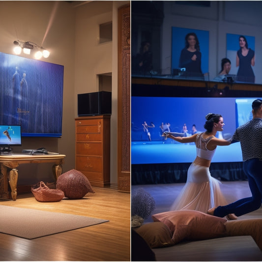 A split-screen image: on one side, a crowded dance studio with students in masks, and on the other, a solo dancer in a cozy home setting, surrounded by laptops and screens, with a virtual dance floor projected behind them.