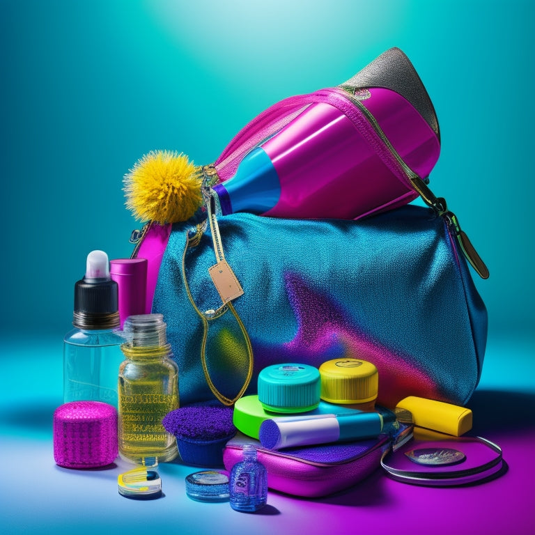 A colorful, dynamic illustration of a dancer's bag, overflowing with essential items such as dance shoes, costumes, makeup, bobby pins, and a water bottle, against a bright, sparkling background.