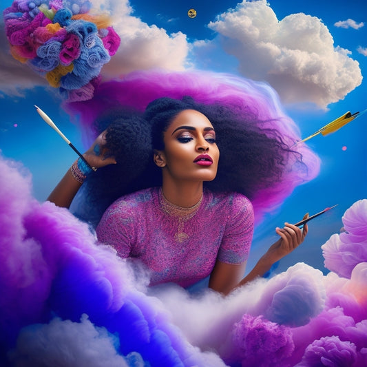 A whimsical, dreamlike illustration featuring Muna Malik surrounded by vibrant, swirling clouds, with paintbrushes and art supplies morphing into delicate, ethereal wings, radiating freedom and creative expression.