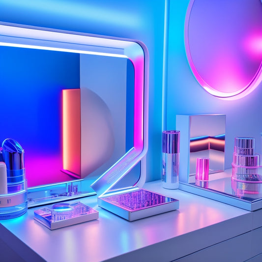 A futuristic makeup studio with sleek, silver tools and neon lights reflecting off a minimalist mirror, surrounded by holographic beauty apps and a 3D-printed makeup compact.