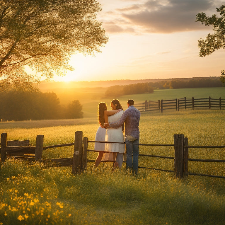 A serene sunset scene at Legacy Hill Farm, with a lush green meadow, a rustic wooden fence, and a couple embracing in the distance, surrounded by blooming wildflowers and towering trees.