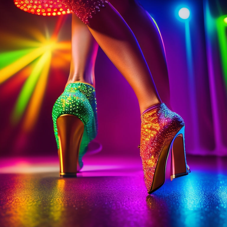 A vibrant illustration of a salsa dancer's legs, with one foot clad in a sleek high heel and the other in a sleek dance shoe, amidst swirling colorful dance floor lights.