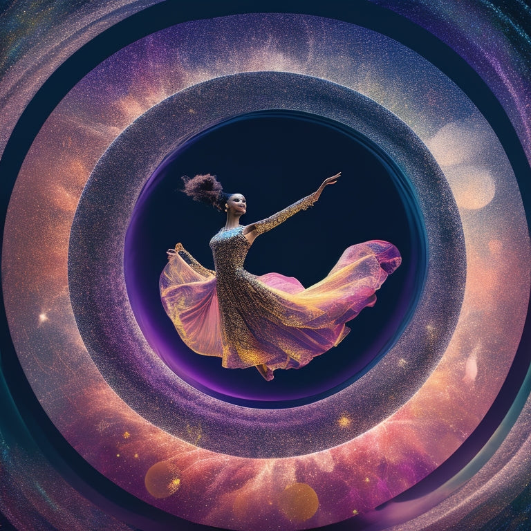 A whimsical illustration featuring a dancer's silhouette at the center, surrounded by swirling, vibrant threads that morph into thought bubbles, containing tiny dance poses, music notes, and abstract shapes.