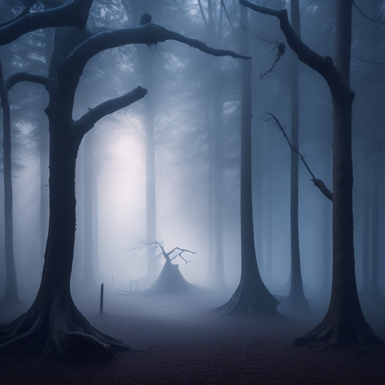 A dark, misty forest at dusk, with twisted tree branches resembling skeletal fingers, surrounded by wispy fog, and a faint, eerie glow emanating from the center, where a ghostly, ethereal ballerina floats.