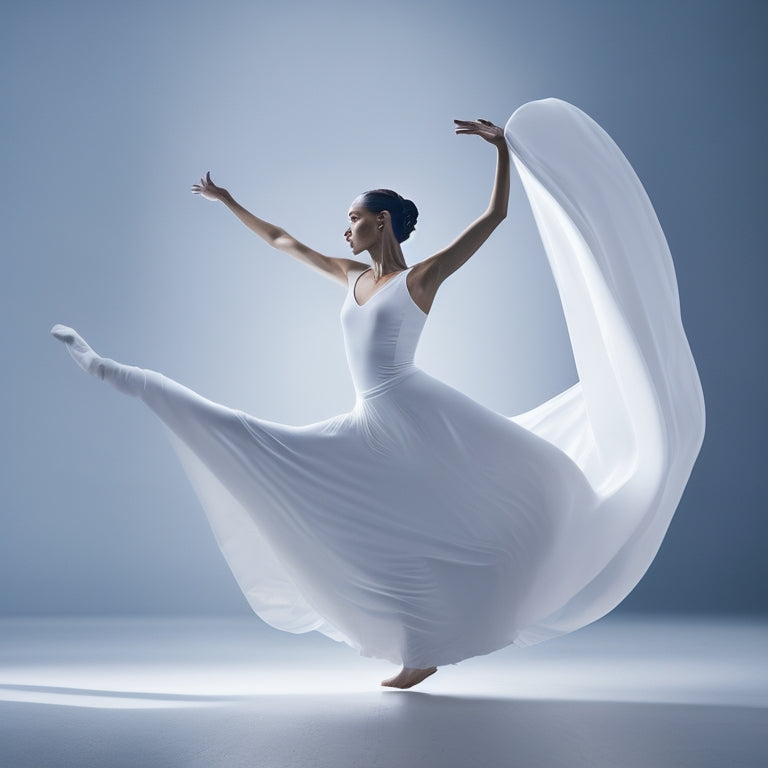 A serene, minimalist background with a slender, elongated female silhouette in the center, surrounded by 10 faint, swirling dance poses, each conveying a sense of fluid movement and grace.