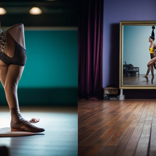 A split-screen image featuring a dancer's ankle with a brace on one side and without on the other, set against a blurred background of a dance studio with mirrors and a wooden floor.