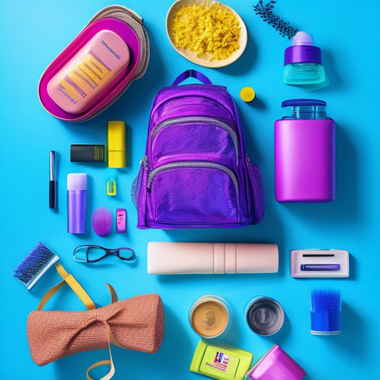 A colorful, whimsical illustration depicting a dancer's backpack overflowing with essential items, including a water bottle, dance shoes, makeup, a hairbrush, and a first-aid kit, set against a bright, gradient background.