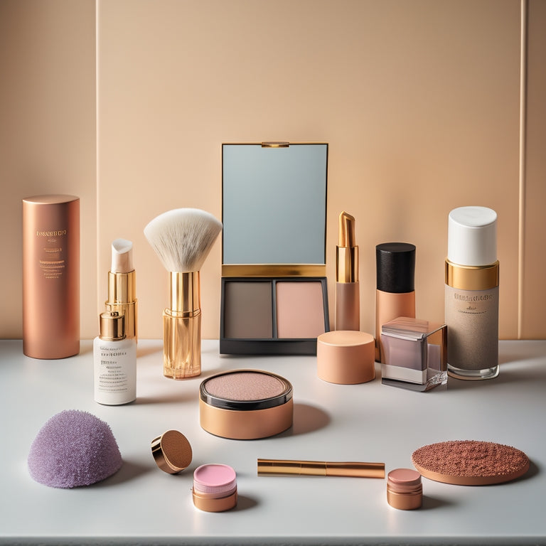 A clutter-free, minimalist vanity with a soft, natural light background, featuring a curated selection of essential makeup products, including a palette, mascara, lip balm, and brushes, arranged artfully in a circular pattern.