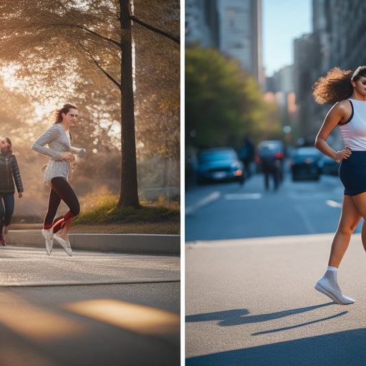 A split-screen image with a person walking in sneakers on a scenic trail on one side, and the same person wearing high heels on a city street on the other, with blurred background dancers.