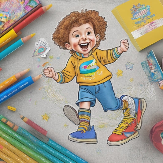 A whimsical illustration of Brody, a smiling cartoon boy with messy brown hair, dancing in colorful sneakers on a giant coloring sheet filled with vibrant crayons and scattered coloring books.