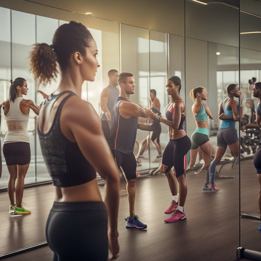 A floor-to-ceiling mirror reflecting a diverse group of gym-goers exercising in a modern, well-lit fitness center, with the mirror's edges subtly highlighted to emphasize its size and placement.