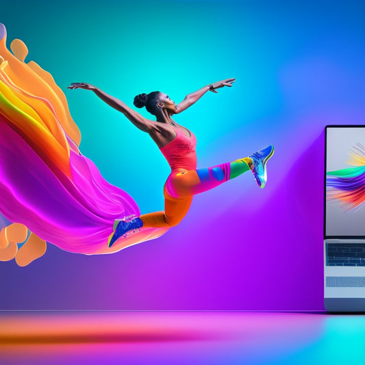 A colorful illustration of a dancing figure in motion, surrounded by music notes, dance shoes, and a faint outline of a laptop with a Figma interface open, showcasing a dance studio template design.