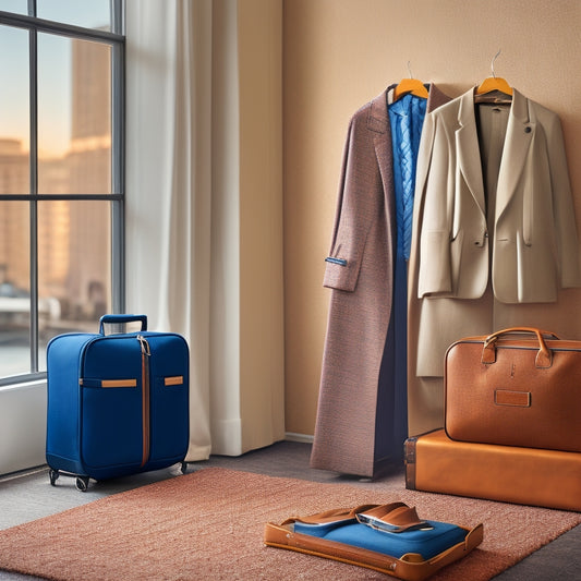 A neatly arranged travel scene featuring a stylish garment bag unzipped with neatly hung clothes, a compact suitcase nearby, and a wrinkle-free outfit displayed against a serene backdrop of a hotel room, softly lit.