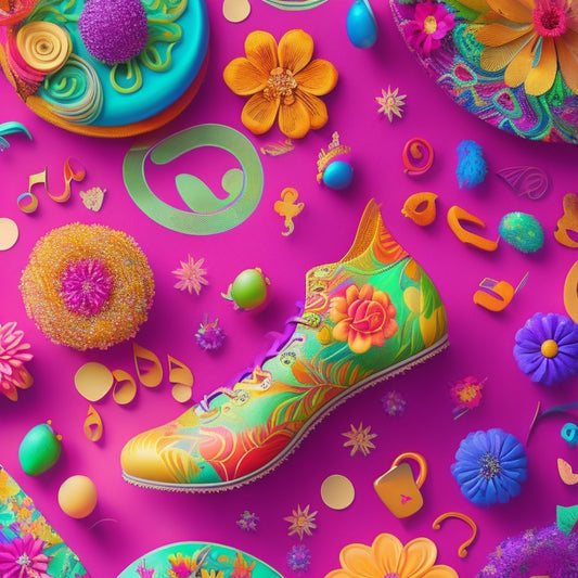 A whimsical illustration of dancing feet in various vibrant colors, surrounded by swirling patterns of music notes, flowers, and abstract shapes, set against a soft, gradient background.