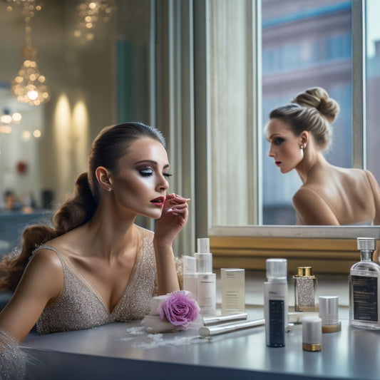 A ballet dancer in a studio, surrounded by mirrors and ballet bars, with a subtle sparkle on her face and a few strategically placed makeup products on a nearby table, with a faint cityscape outside the window.