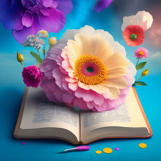 A whimsical illustration featuring a blooming flower with petals shaped like open journals, surrounded by swirling clouds of colorful paintbrush strokes, amidst a subtle background of watercolor splatters.