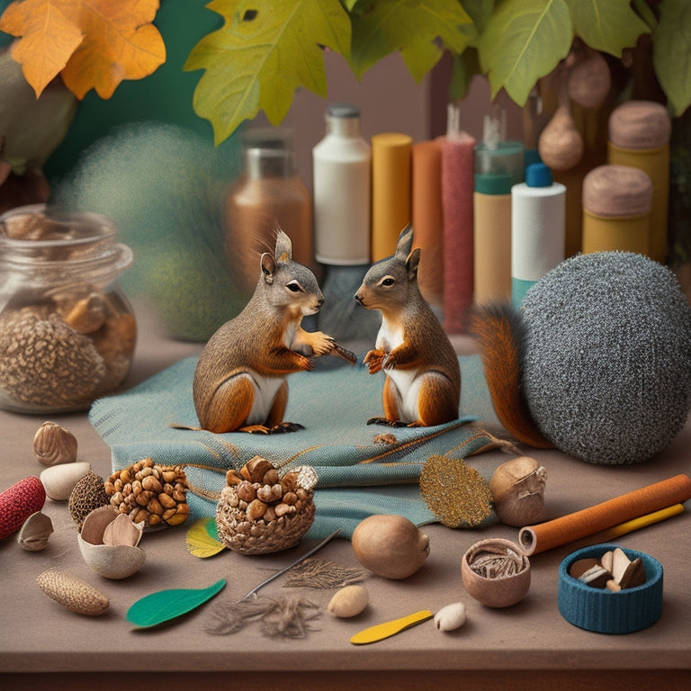 A whimsical illustration of two squirrels, one sitting and one standing, amidst acorns, leaves, and twigs, surrounded by craft supplies like glue, scissors, and colorful paper, in a warm, earthy color palette.