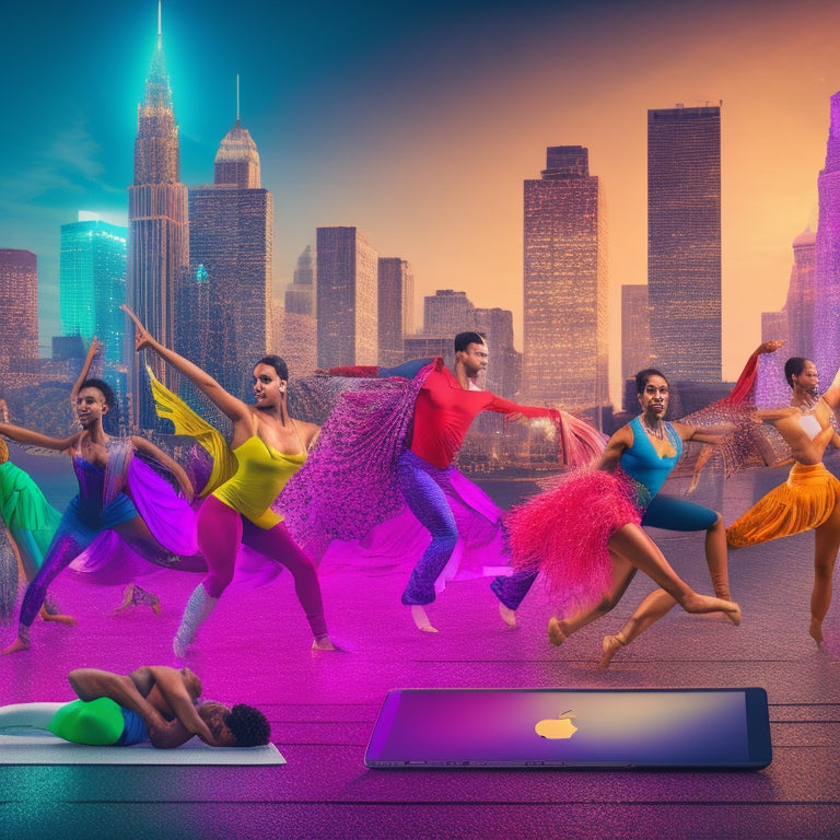 A vibrant illustration of diverse dancers in various poses, surrounded by laptops, tablets, and smartphones, with virtual dance studios and cities blurred in the background, conveying online learning.