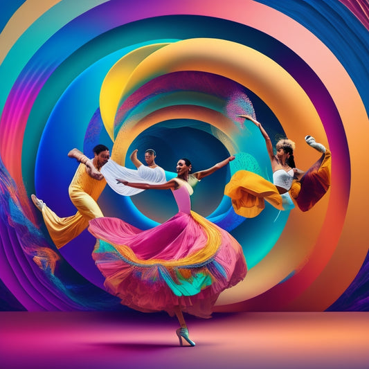 A stylized illustration featuring a swirling vortex of diverse dance styles (ballet, hip-hop, contemporary, etc.) surrounded by abstract shapes and colors, blending into a harmonious whole.