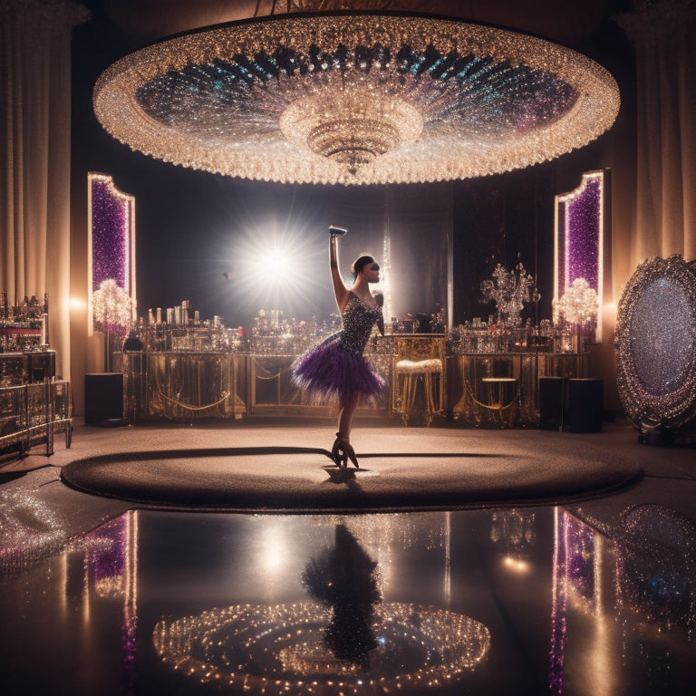 A glamorous, spotlit dance floor with a vanity in the center, surrounded by makeup brushes, mirrors, and shimmering cosmetics, with a dancer's silhouette in the background, wearing a glittering costume.