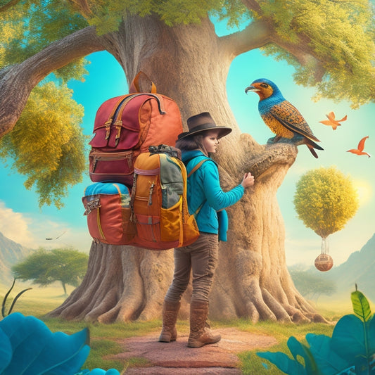 A whimsical illustration of a backpack-clad adventurer standing in front of a sprawling, ancient tree, surrounded by fluttering scrolls, globes, and curious creatures, set against a warm, sunny background.