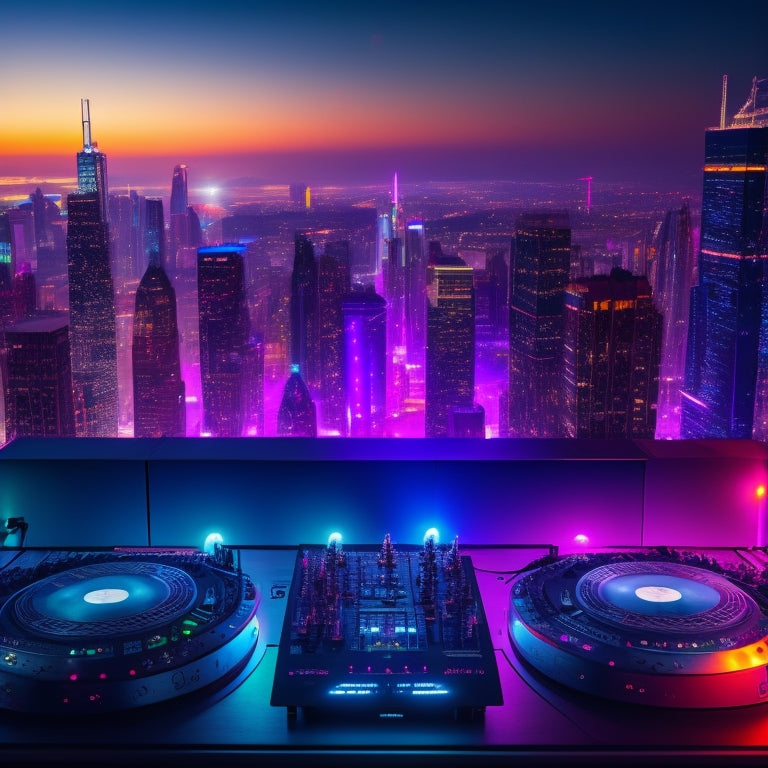 A darkened DJ booth with neon-lit mixing consoles, surrounded by pulsing disco balls and swirling laser beams, amidst a backdrop of cityscape skyscrapers at dusk.
