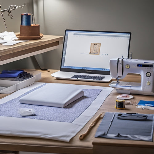 A sewing table with a laptop, a PDF sewing pattern on the screen, and a large format printer in the background, surrounded by rolls of paper, scissors, and sewing tools.