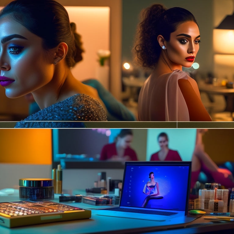 A split-screen image featuring a person in a dimly lit dance studio with a laptop open, surrounded by makeup products, and a mirror reflecting a flawless, glamorous makeup look, versus a crowded, chaotic in-person classroom.