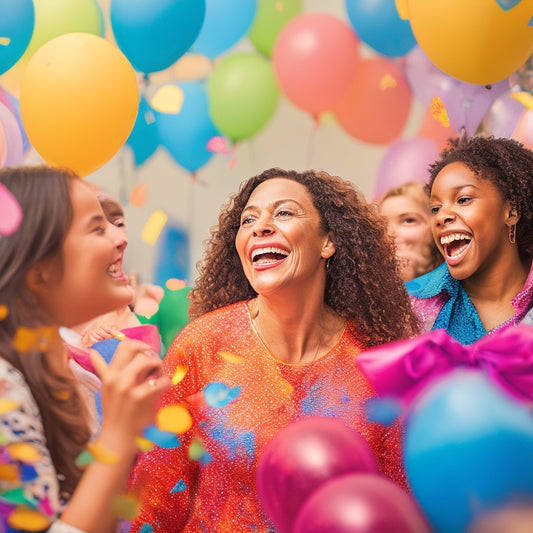 A warm and colorful illustration of a smiling dance teacher surrounded by flowers, balloons, and confetti, with students of diverse ages and abilities dancing around them in joyful celebration.