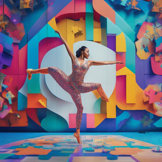 A stylized illustration of a dancer standing in front of a giant puzzle piece, with various puzzle pieces swirling around them, each containing different dance moves or choreography symbols, blending into a harmonious whole.