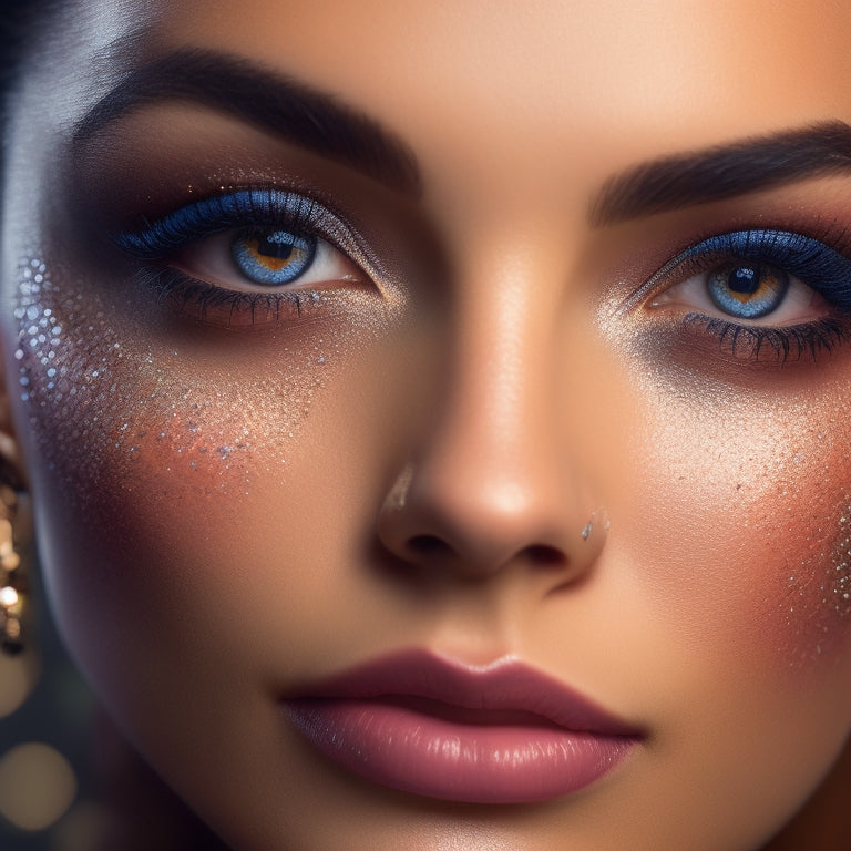 A stunning, close-up portrait of a dancer's face, spotlighting a flawless, glittering makeup look, with bold eyeliner, shimmering eyeshadow, and luscious lashes, set against a soft, dark background.