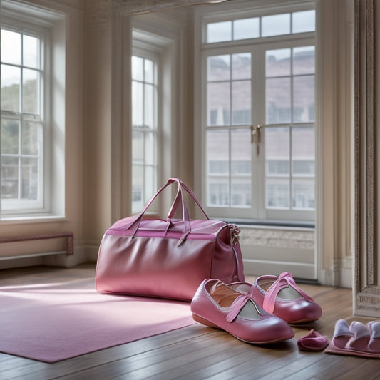 A stylish ballet duffel bag elegantly placed on a wooden dance studio floor, surrounded by ballet shoes, a water bottle, and a soft pink leotard, with natural light streaming through large windows.