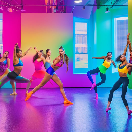 A vibrant dance studio scene showcasing diverse dancers in fitted leotards, leggings, and skirts, surrounded by colorful dance shoes, warm-up attire, and accessories like hair ties and water bottles, all against a mirrored wall backdrop.