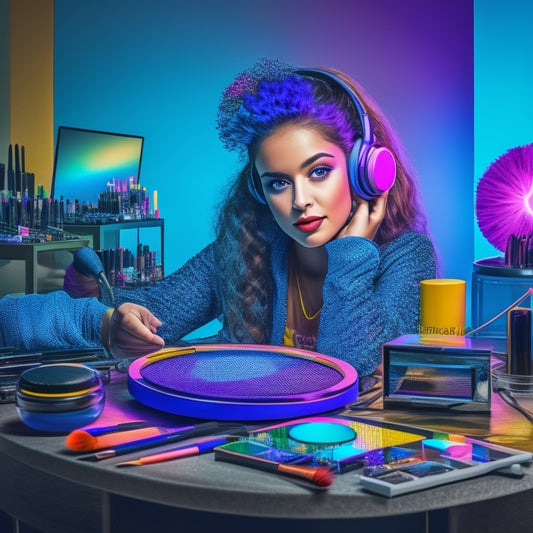 A vibrant, colorful illustration of a teenage girl sitting in front of a ring light, surrounded by makeup brushes, eyeshadows, and a laptop with a YouTube screen open, wearing a headset and dancing shoes.