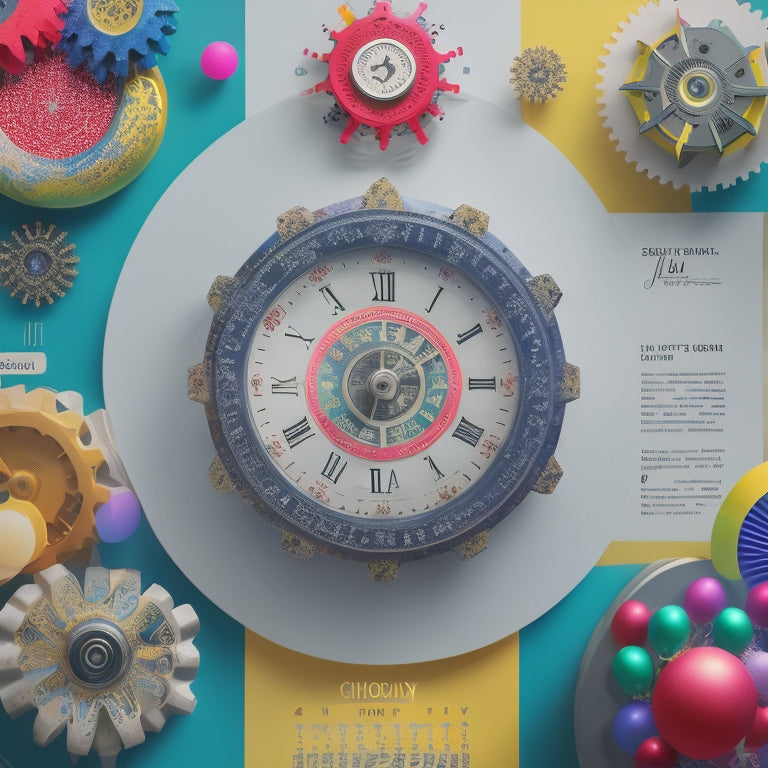 A stylized illustration of a calendar or planner page with 7 colorful, interconnected gears or cogs, surrounded by subtle event-related icons (e.g., party hats, clocks, or confetti) in the background.