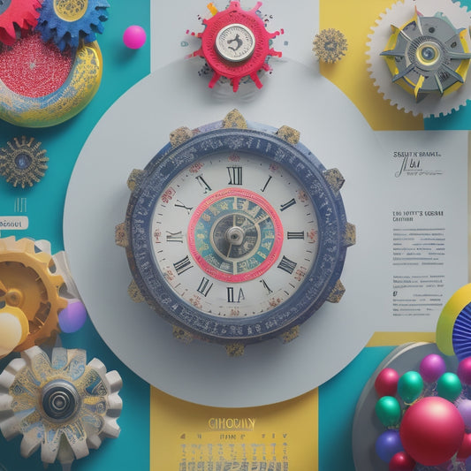 A stylized illustration of a calendar or planner page with 7 colorful, interconnected gears or cogs, surrounded by subtle event-related icons (e.g., party hats, clocks, or confetti) in the background.