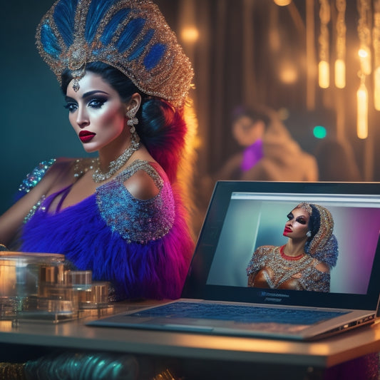 A glamorous, spotlit dancer in a flowing costume, surrounded by makeup brushes and palettes, with a laptop or tablet in the foreground displaying a tutorial screen.