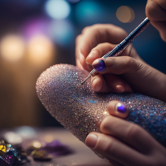 A close-up of a makeup artist's hands delicately holding a brush, surrounded by vibrant pigments and twinkling diamonds, with a subtle cityscape blurred in the background, evoking creativity and luxury.