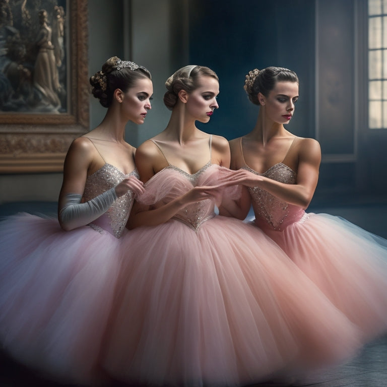 Three ballerinas, softly lit, in various poses, surrounded by subtle, muted colors, with delicate brushstrokes, capturing the elegance and movement of the dancers, evoking a sense of gentle, ethereal beauty.