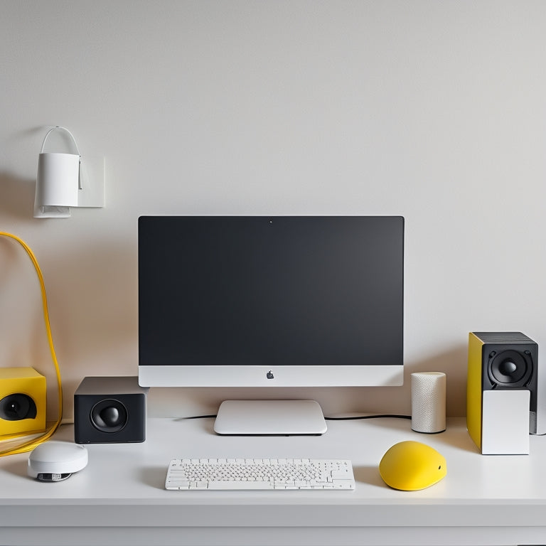 A minimalist, modern desk with a sleek laptop, a pair of studio monitor speakers, and a few carefully arranged, colorful cables, set against a clean, white background.