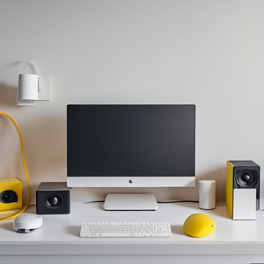 A minimalist, modern desk with a sleek laptop, a pair of studio monitor speakers, and a few carefully arranged, colorful cables, set against a clean, white background.