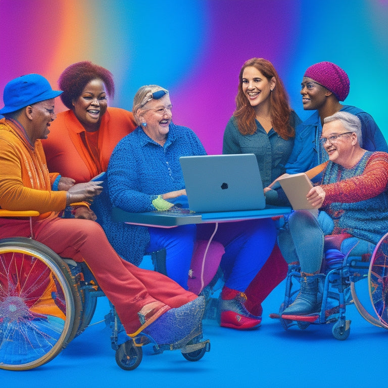 A vibrant, colorful illustration of diverse individuals with disabilities, including wheelchair users and those with prosthetics, dancing together in a virtual studio, surrounded by laptops and tablets.