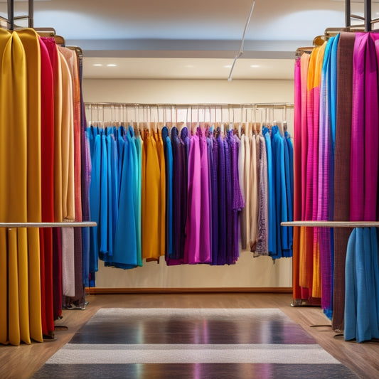 A vibrant array of colorful dance garment bags displayed elegantly, showcasing various fabrics and patterns, with zippers and handles, set against a soft, blurred background of a dance studio filled with wooden floors and mirrors.