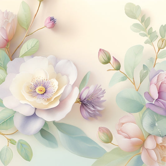 A whimsical, dreamy illustration of intertwined flowers in soft, blended watercolors, featuring pastel hues of peach, lavender, and mint, with delicate petals and leaves on a creamy white background.