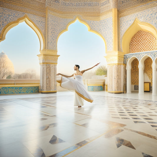 A serene, golden-lit dance studio with intricately patterned Middle Eastern tiles, a few scattered scarves, and a single, elegant dancer in a flowing white and turquoise costume, poised in mid-motion.