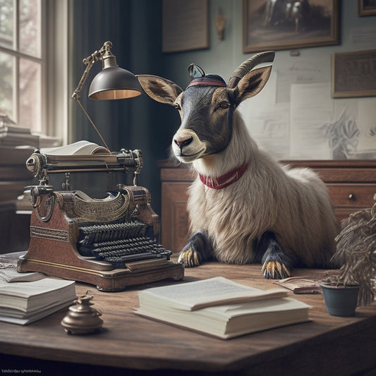 A whimsical illustration of Mr. Goat sitting at a desk, surrounded by scattered typing books and papers, with a vintage typewriter in front of him, focused intently on the home row keys.